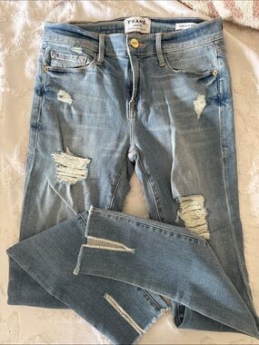 Frame Denim Distressed Light Blue Skinny Jeans